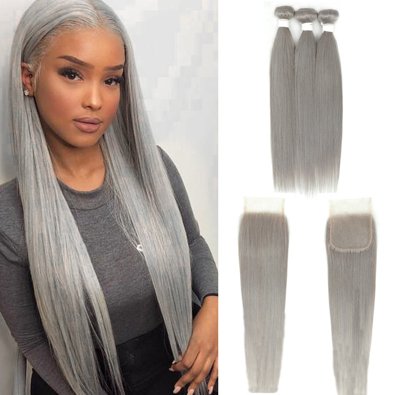 Kemy Hair Straight Silver Gray Remy 3Bundles Human Hair with 4×4 Lace Closure