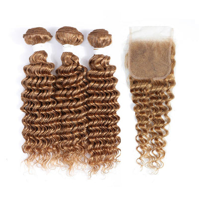Kemy Hair 3 Deep Wave Honey Blonde Human Hair Bundles with 4×4 Lace Closure (27#) - Kemy Hair