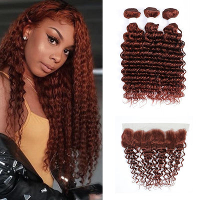 Kemy Hair Auburn Red Deep Wave 3 Human Hair Bundles with 4×13 Lace Frontal (33#) - Kemy Hair