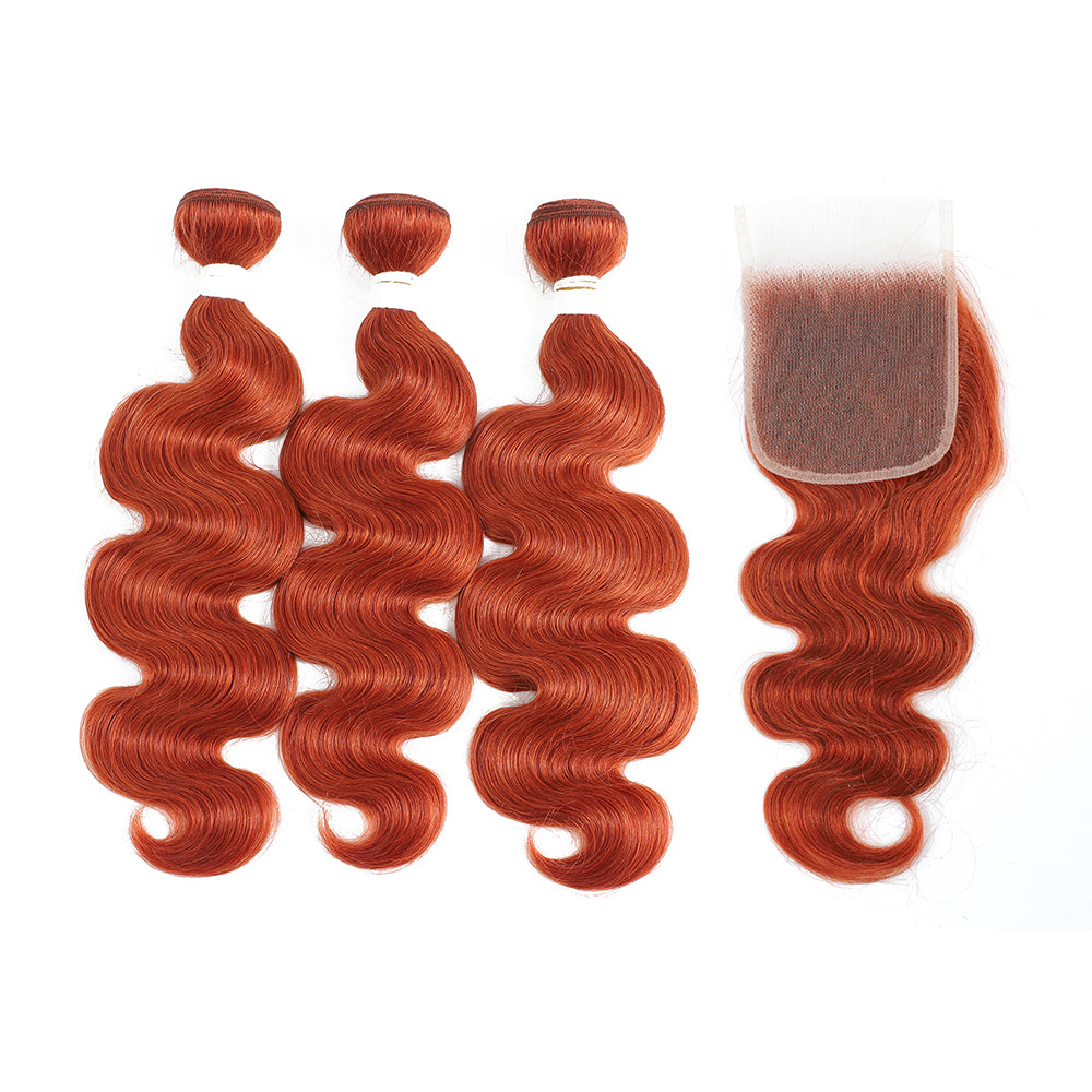 Kemy Hair Body Wave Ginger Human Hair 3 Bundles with 4×4 Lace Closure (350#)