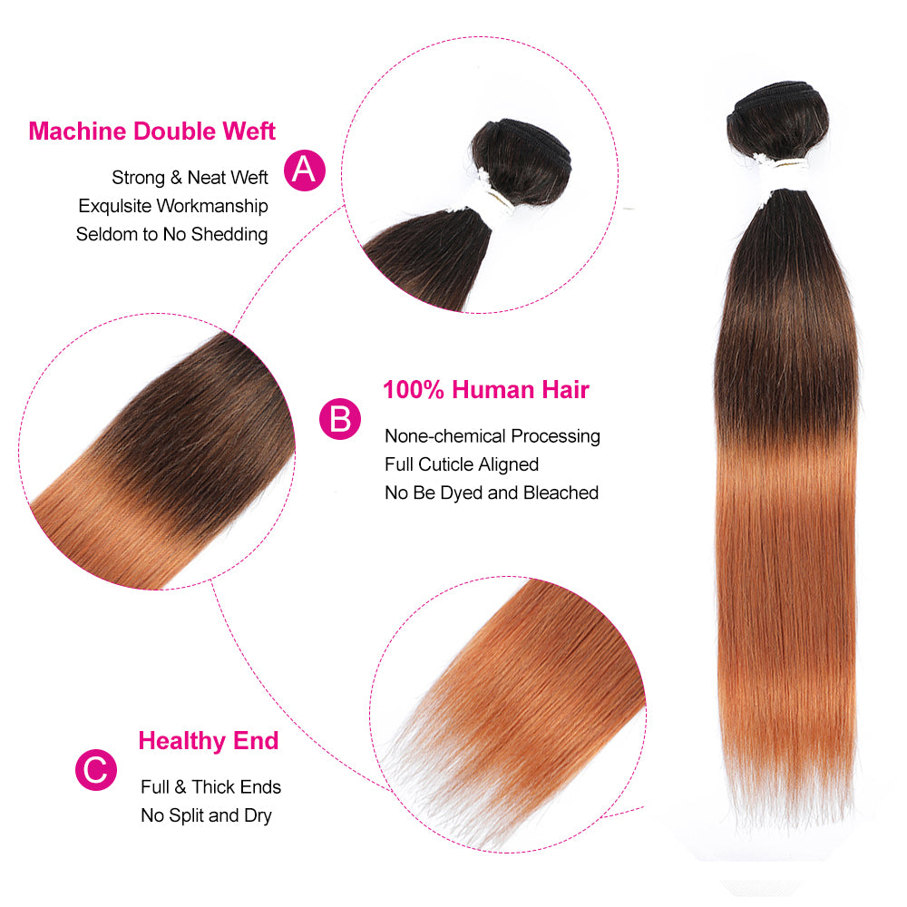 Straight 1B/4/30 Ombre Brown Color 3 Tone Remy Human Hair Bundle
