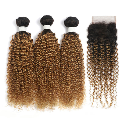 Kinky Curly Ombre Honey Blonde 3 Bundles with one Free/Middle Part Lace Closure (4330075357254)