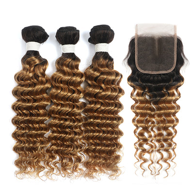 Deep Wave Ombre Honey Blonde 3 Bundles with one Free/Middle Part Lace Closure (4330047864902)