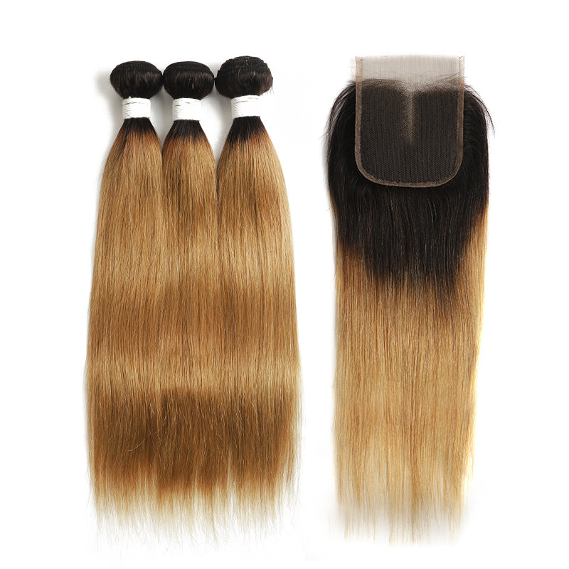 Ombre 27 Straight 3 Human Hair Bundles with One 4×4 Free/Middle Lace Closure (4249239617606)