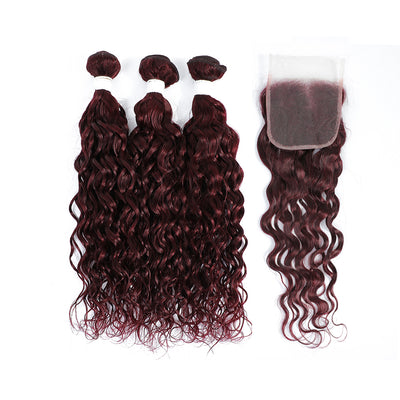 Kemy Hair 99j burgundy Water Wave Human Hair 3Bundles with 4×4 Lace Closure