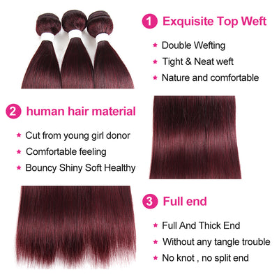 Kemy Hair 99j RedWine Brazilian Straight Human Hair 3 Bundles With Closure 4x4