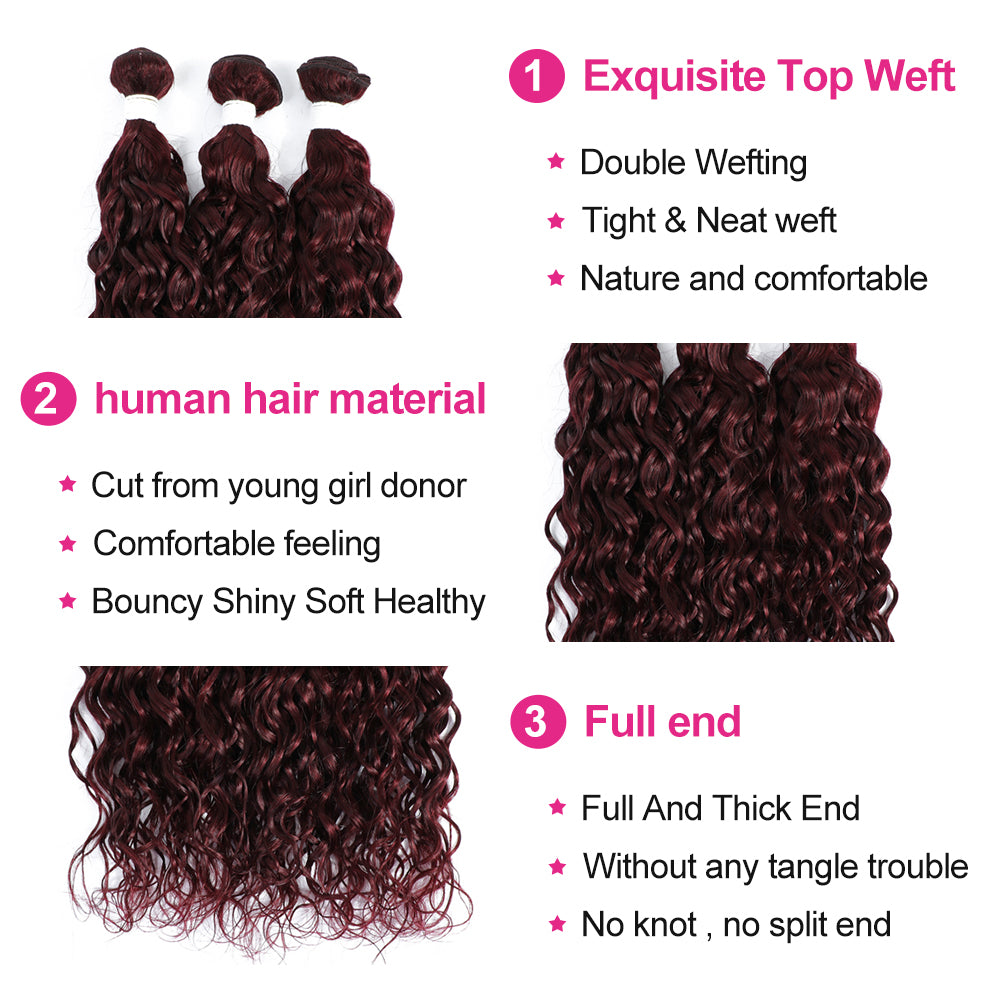 Kemy Hair 99j burgundy Water Wave Human Hair 3Bundles with 4×13 Lace Frontal