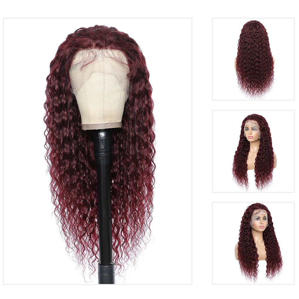 Kemy Hair Custom 99j Burgundy Water Wave Human Hair 13x4 Lace Frontal Wigs