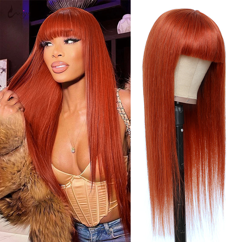Straight Wig With Bangs Ginger Orange Color Long 100% Human Hair Wigs Brazilian Glueless Fringe Wig For Women 150% Remy Wig