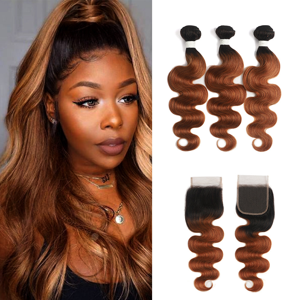 Ombre 30 Body Wave 3 Human Hair Bundles with One 4×4 Free/Middle Lace Closure (4251427340358)