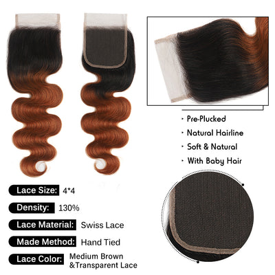 Kemy Hair Ombre Ginger Brown Body Wave Human Hair 3Bundles with 4×4 Lace Closure