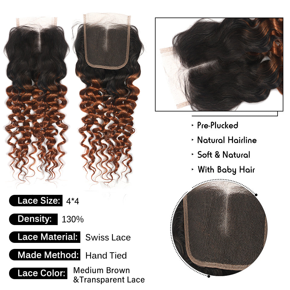Kemy Hair Deep Wave Human Hair Bundles with Closure Ombre Brown 3 Bundles