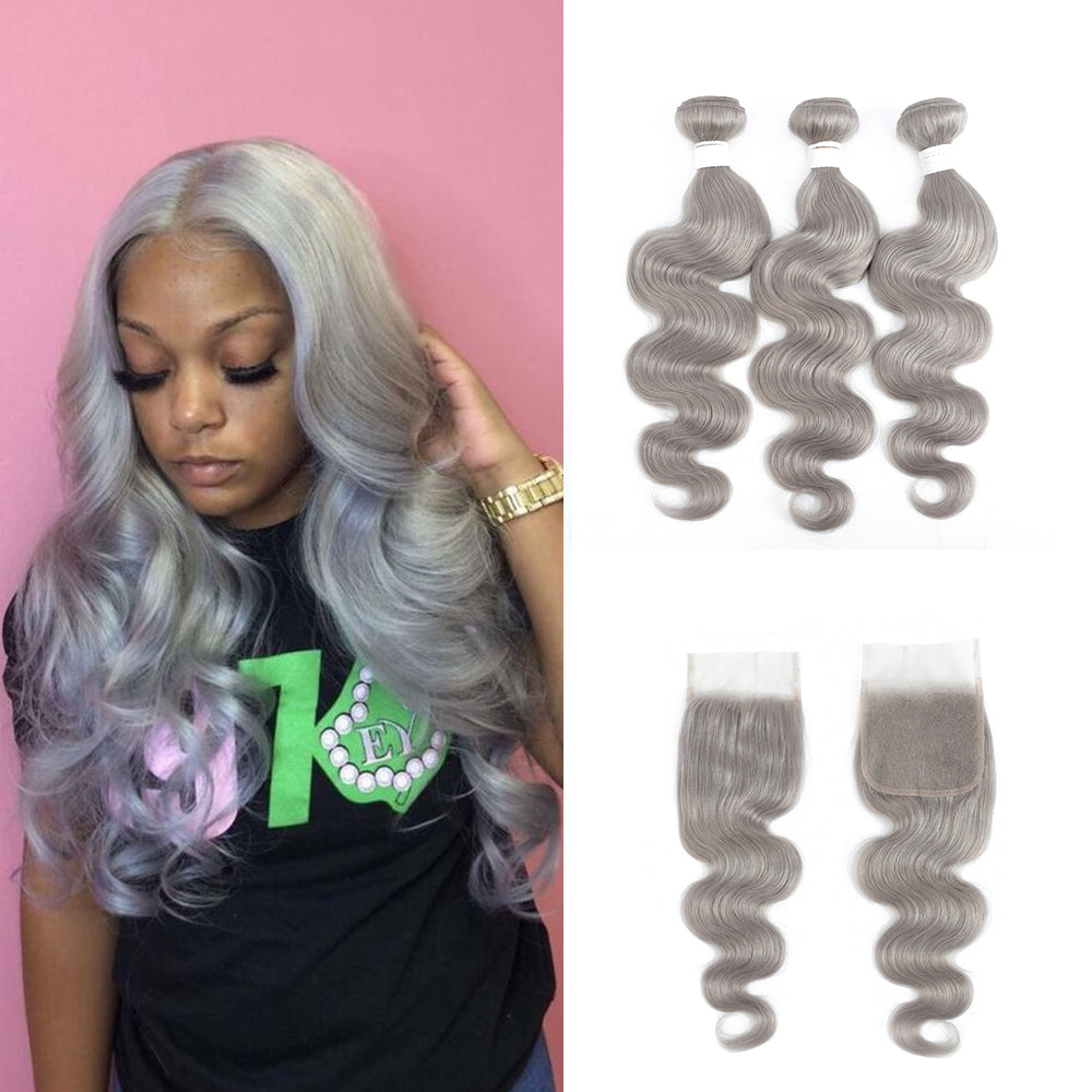 Kemy Hair Body Wave Silver Gray Remy 3Bundles Human Hair with 4×4 Lace