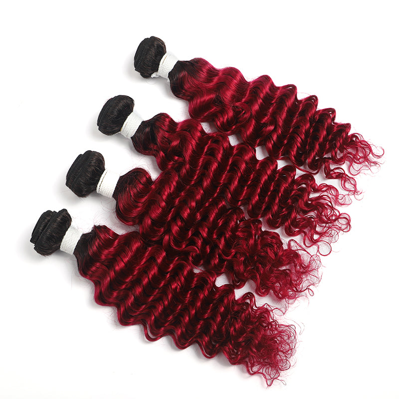 Ombre Burgundy Red Deep Wave 4 Hair Bundles (T1B/BURG) (4346749124678)