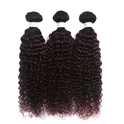 Ombre Red Wine kinky curly 3 Hair Bundles with One Free/Middle Part 4×13 Lace Frontal(T1B/99J) (4340079329350)