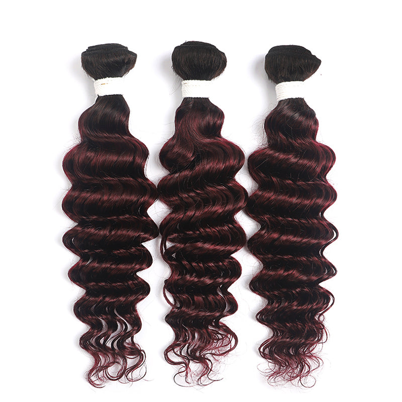 Ombre Red Wine Deep Wave 3 Hair Bundles with One Free/Middle Part 4×13 Lace Frontal(T1B/99J) (4337393139782)