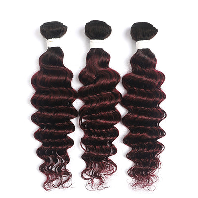 Ombre Red Wine Deep Wave 3 Hair Bundles with One Free/Middle Part 4×13 Lace Frontal(T1B/99J) (4337393139782)