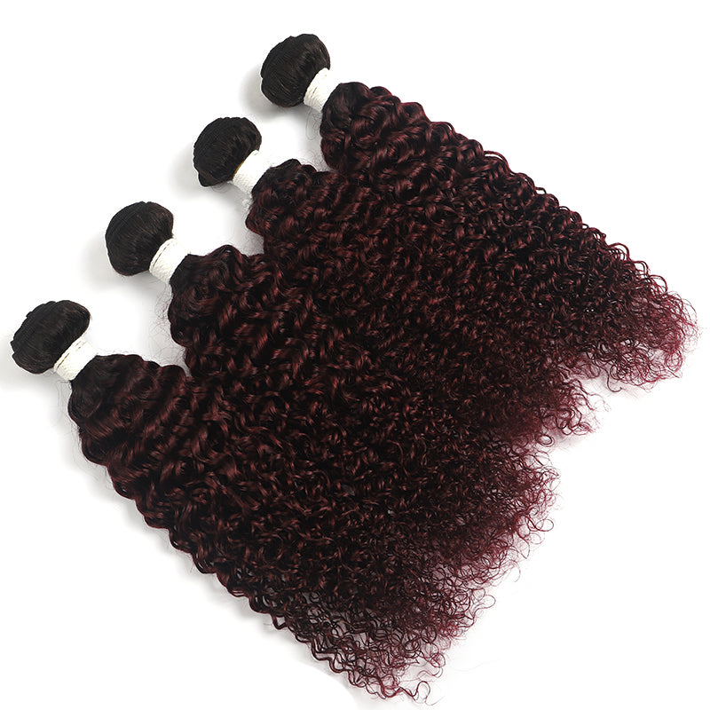 Ombre Maroon Red kinky curly 4 Hair Bundles (T1B/99J) (4339269435462)