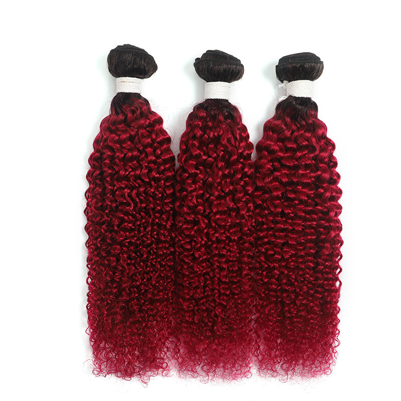 Kemy Hair Kinky Curly Ombre Burgundy Red Human Hair 3Bundles with 4×13 Lace Frontal