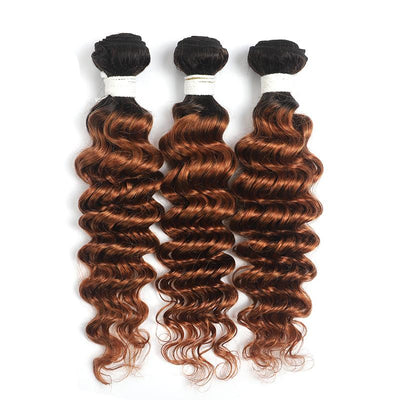 Kemy Hair Ombre Brown Ginger Deep Wave Human Hair 3Bundles with 4×13 Lace Frontal（T1B/30）