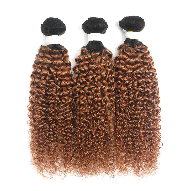 Kemy Hair Ombre Brown Kinky Curly 3 Bundles with Lace Frontal 13x4