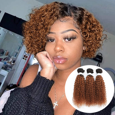 Kemy Hair Ombre Brown Kinky Curly Human Hair Bundles 3PCS