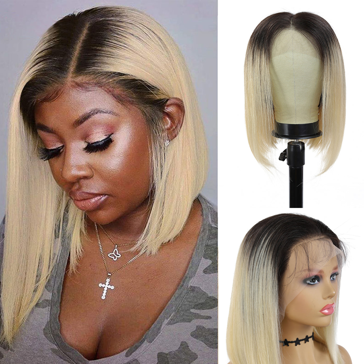 $69.99 Super Flash Sale T1B/613 Ombre Blonde Short Bob Lace Front Human Hair Wig