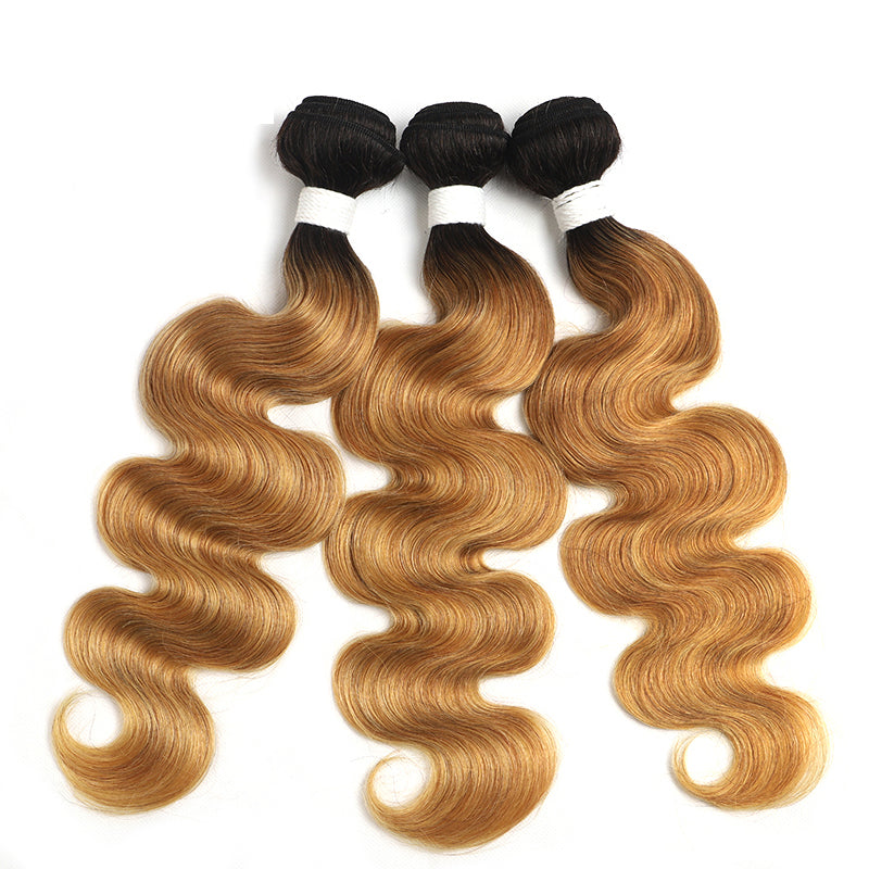 Ombre 27 Body Wave 3 Human Hair Bundles with One 4×4 Free/Middle Lace Closure (4249222971462)