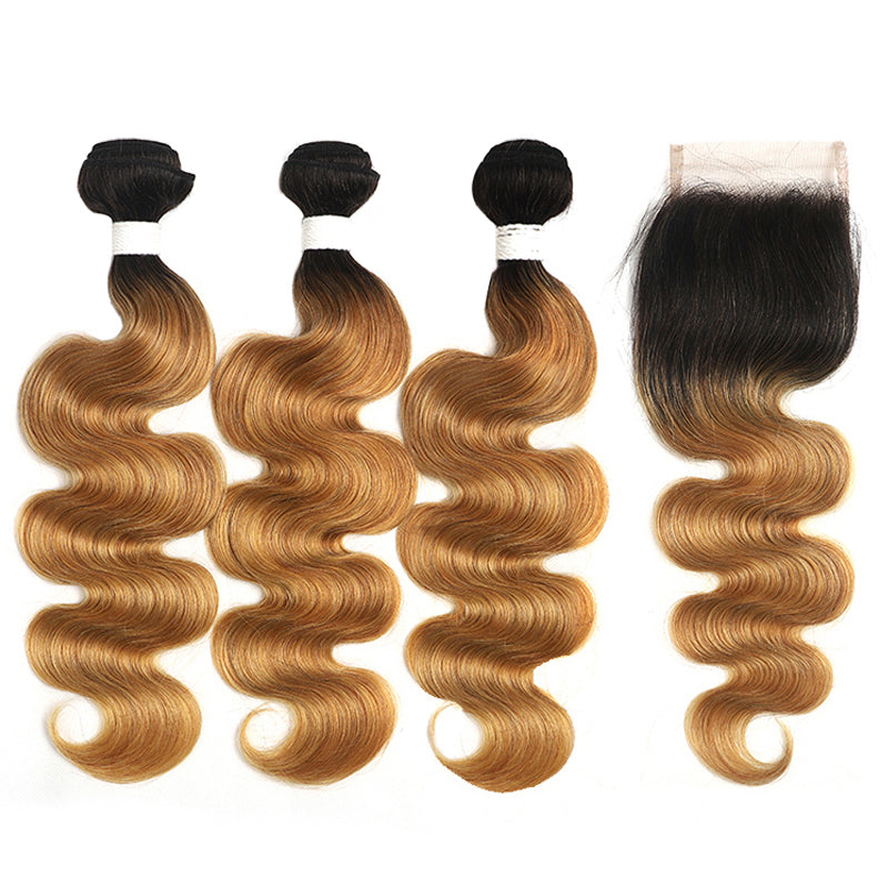 Ombre 27 Body Wave 3 Human Hair Bundles with One 4×4 Free/Middle Lace Closure (4249222971462)