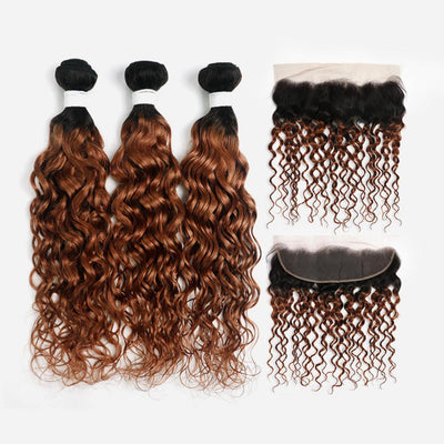 Kemy Hair Ombre Brown Ginger Water Wave Human Hair 3Bundles with 4×13 Lace Frontal（T1B/30）