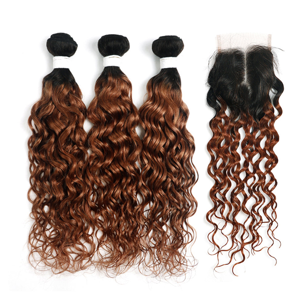 Kemy Hair Ombre Ginger Brown Water Wave 3 Bundles with 4×4 Lace Closure