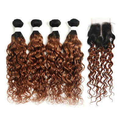 Kemy Hair Ombre Ginger Brown Water Wave Human Hair 4Bundles with 4×4 Lace Closure