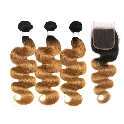 Ombre 27 Body Wave 3 Human Hair Bundles with One 4×4 Free/Middle Lace Closure (4249222971462)