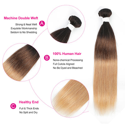 Straight T1B/4/27 Ombre Color 3 Tone Remy Human Hair Bundle 10''-26''