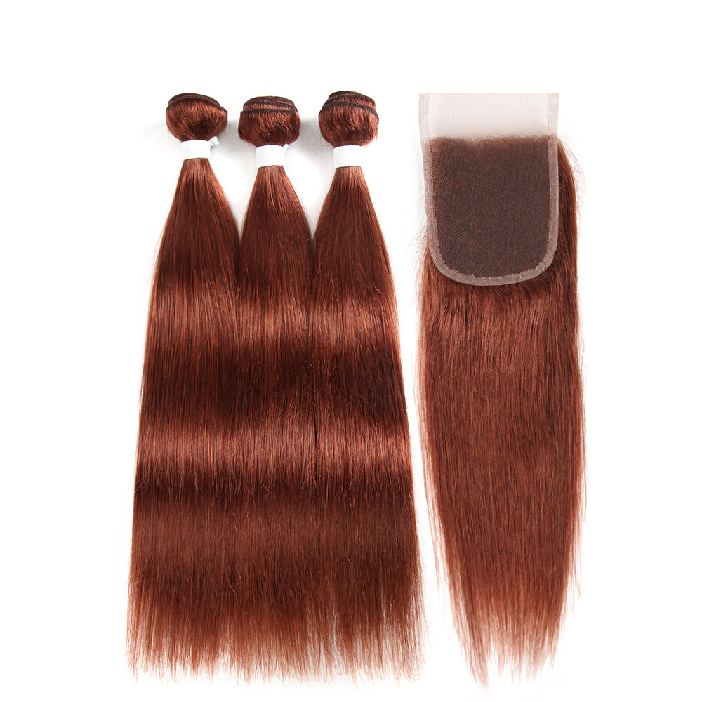 Straight Colored Human Hair Weave with Free /Middle Part 4×4 Lace Closure (33) (2782819909732)