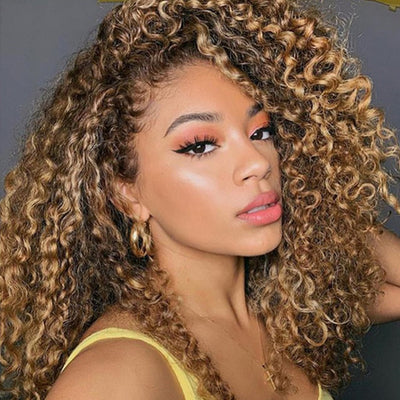 Kinky Curly Ombre Honey Blonde Human Hair Bundles with Lace Closure