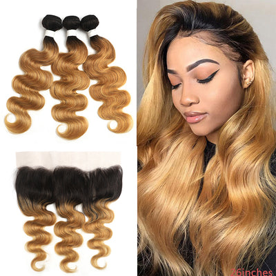 Kemy Hair Ombre Honey Blonde Body Wave Human Hair Bundles With Frontal 13x4
