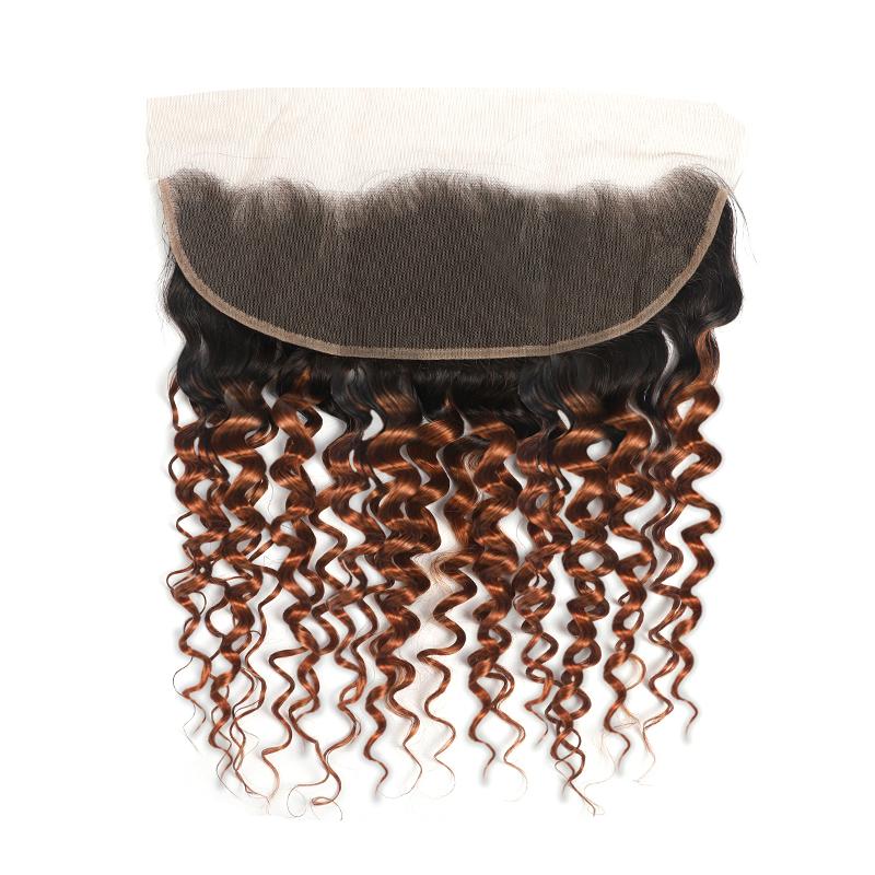 Kemy Hair Ombre Brown Ginger Deep Wave Human Hair 3Bundles with 4×13 Lace Frontal（T1B/30）