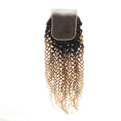 Kinky Curly Ombre Honey Blonde Human Hair Bundles with Lace Closure