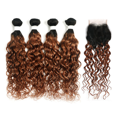 Kemy Hair Ombre Ginger Brown Water Wave Human Hair 4Bundles with 4×4 Lace Closure