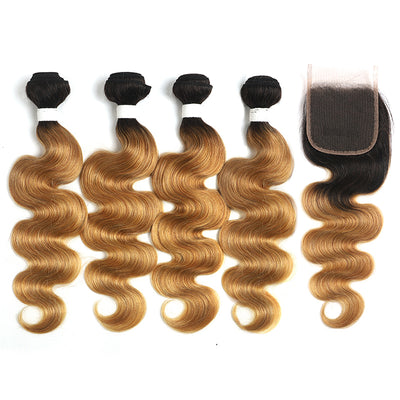 Ombre 27 Body Wave 4 Human Hair Bundles with One 4×4 Free/Middle Lace Closure (4249228902470)