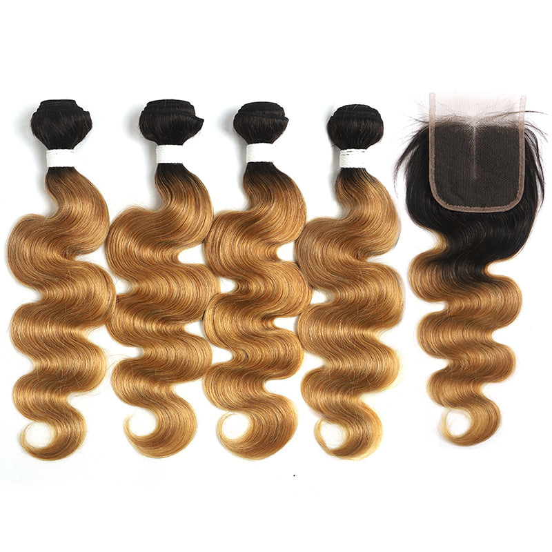 Ombre 27 Body Wave 4 Human Hair Bundles with One 4×4 Free/Middle Lace Closure (4249228902470)