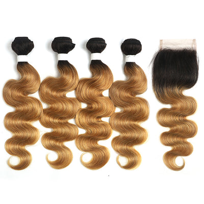 Ombre 27 Body Wave 4 Human Hair Bundles with One 4×4 Free/Middle Lace Closure (4249228902470)