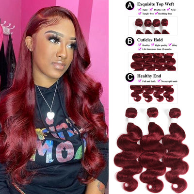 Kemy Hair Burgundy Red Body Wave Human Hair 3Bundles with Part 4×4 Lace Closure