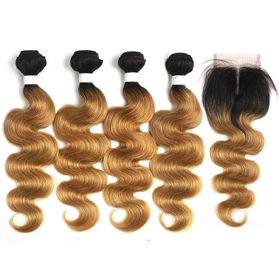 Ombre 27 Body Wave 4 Human Hair Bundles with One 4×4 Free/Middle Lace Closure (4249228902470)