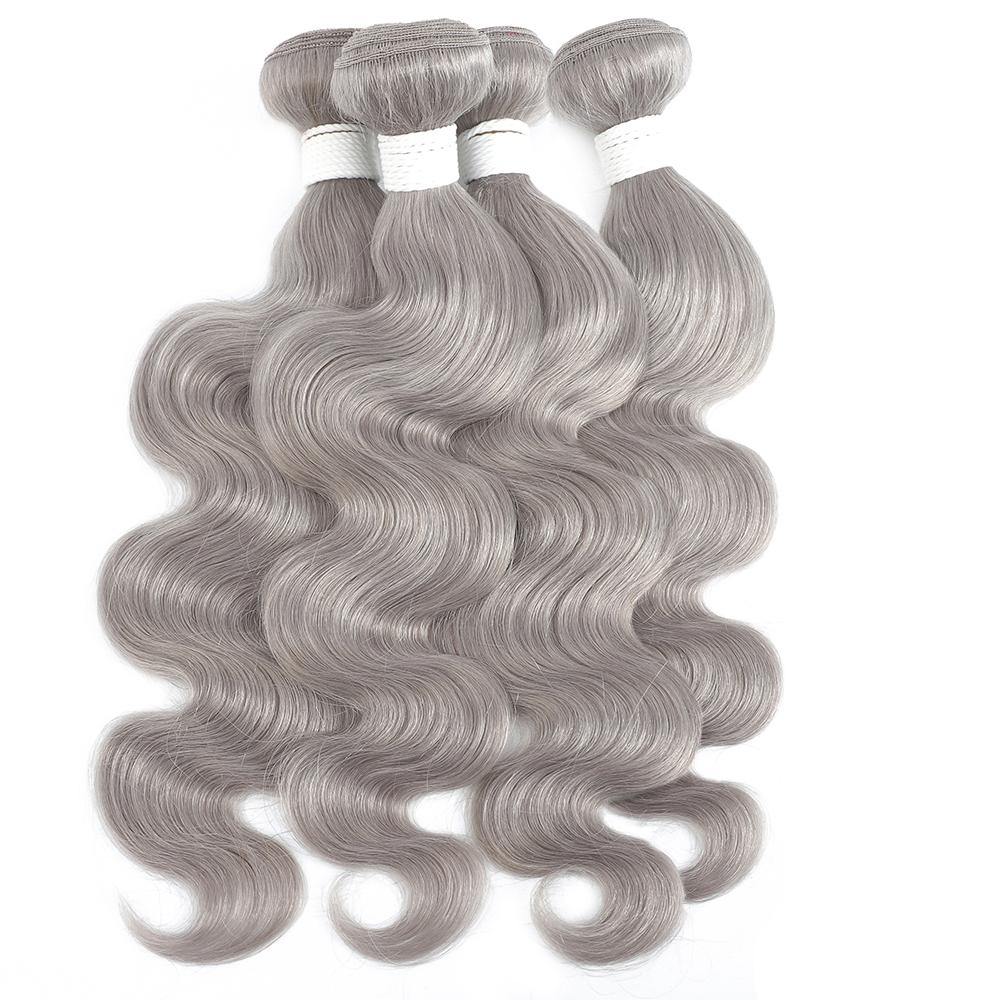 Kemy Hair Body Wave Silver Gray Remy 4Bundles Human Hair with 4×4 Lace Closure