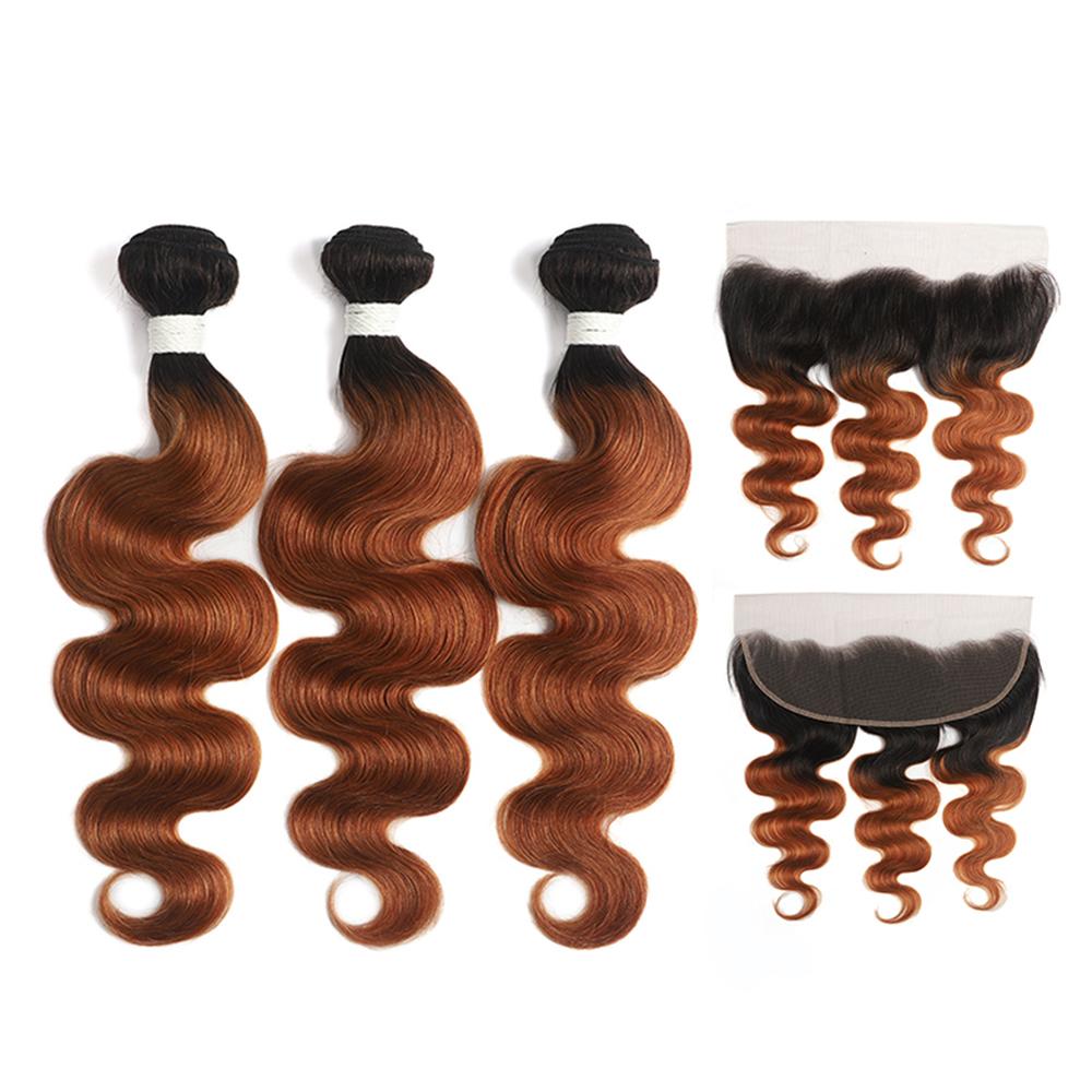 Kemy Hair Ombre Ginger Brown Body Wave Human Hair 3Bundles with  4×13 Frontal（T1B/30）