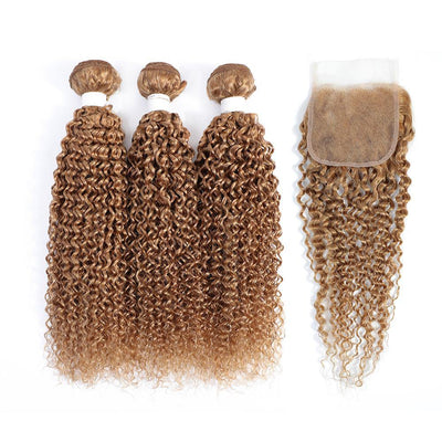 Kemy Hair 3 Kinky Curly Honey Blonde Human Hair Bundles with 4×4 Lace Closure (27#) - Kemy Hair