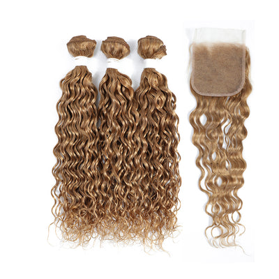 Kemy Hair Water Wave Honey Blonde Human Hair 3Bundles With 4×4 Lace Closure