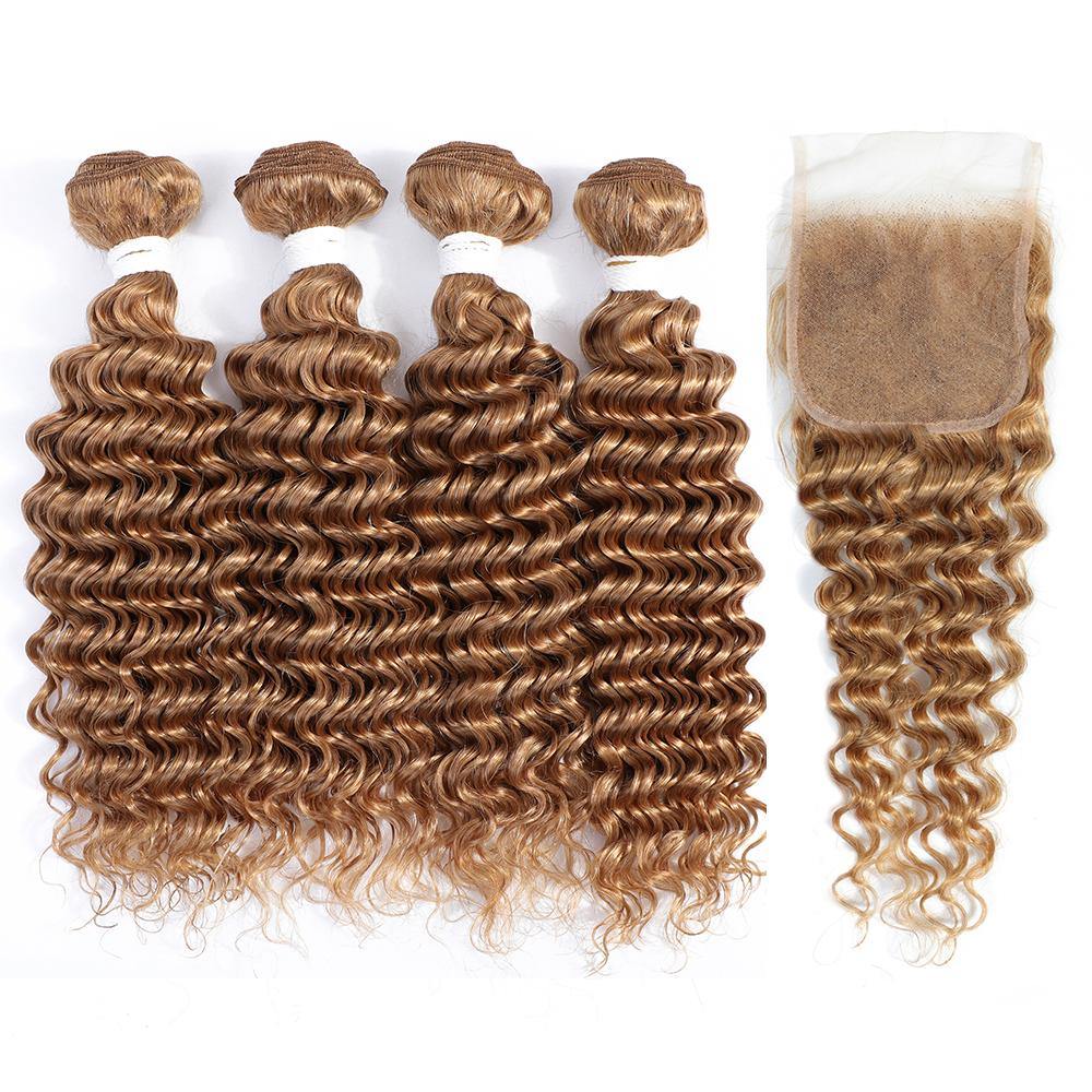 Kemy Hair 4 Human Hair Bundles Honey Blonde Deep Wave with 4×4 Lace Closure (27#) - Kemy Hair